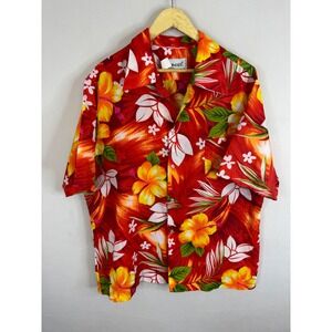 VIntage Pomare Hawaii Mens 2XL Red Hibiscus Floral Aloha Camp Shirt Short Sleeve